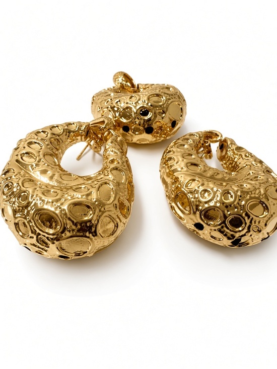 Jewelry - Gold Textured Organic Hoop Earrings + Matching Pendant | Statement Jewelry Set